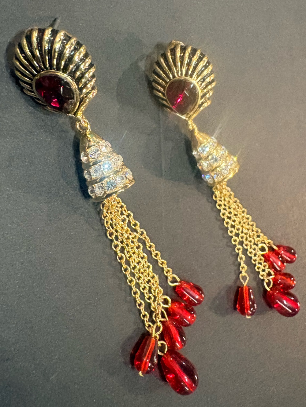 Vintage Gold-Tone Red Crystal Drop Earrings -